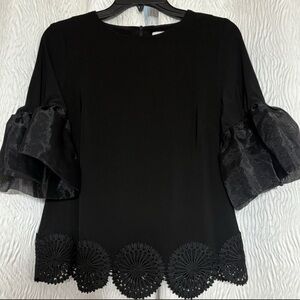 Joseph Ribkoff Black Blouse with Sheer Puff Sleeves
